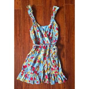 Lauren Conrad Womens Blue Floral Ruffle Wrap Mini Dress Size S V-Neck Tie Waist